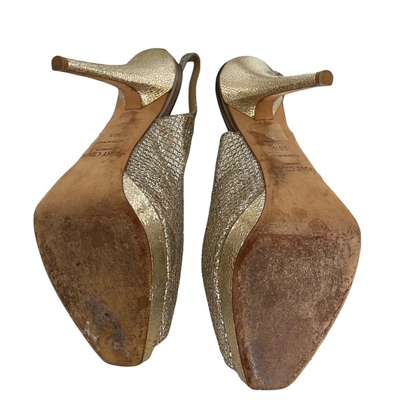 Jimmy Choo Leather Glitter Open Toe Sling Back Heels Champagne Gold Size 38.5 - Picture 9 of 14